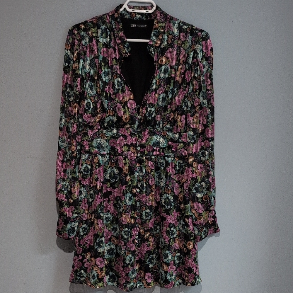 Zara Mettalic Thread Multicolor Floral Dress Size Large